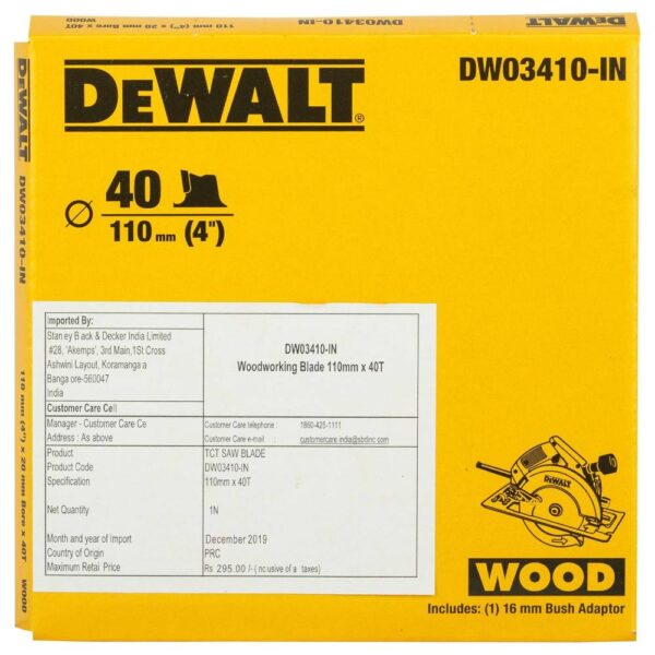 Dewalt Dw03410 110mm 40t Tct Circular Saw Blade For Cutting Mdf Plywood And Laminated Wood Model No: DW03410-IN - Image 3