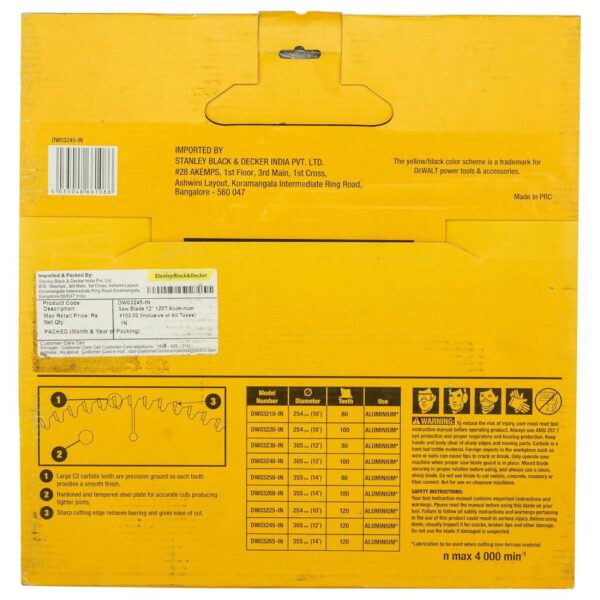 Dewalt 10" 100t Circular Saw Blade For Cutting Aluminium Model No: DW03220-IN - Image 6